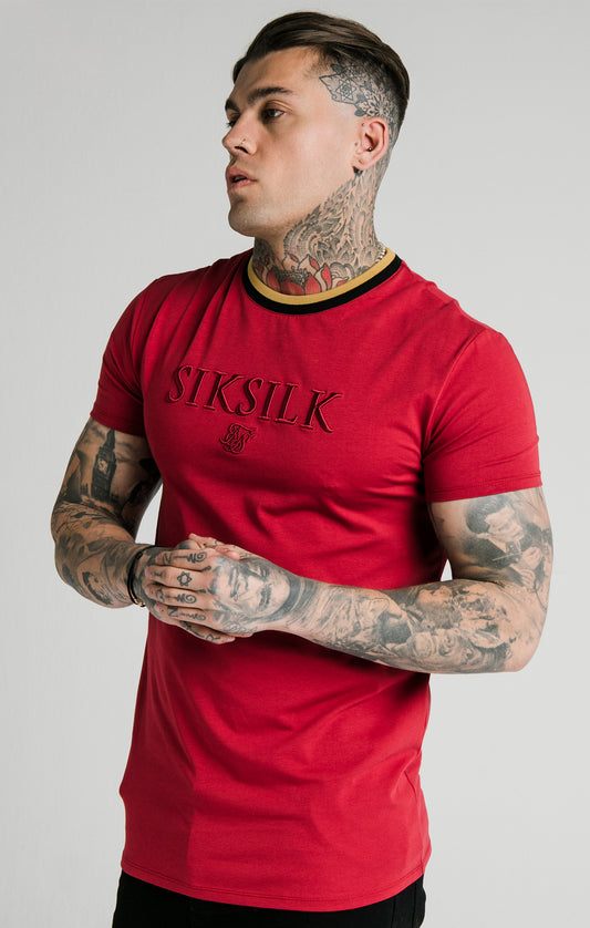 SikSilk Straight Hem Gym Tee – Red,Gold & Black