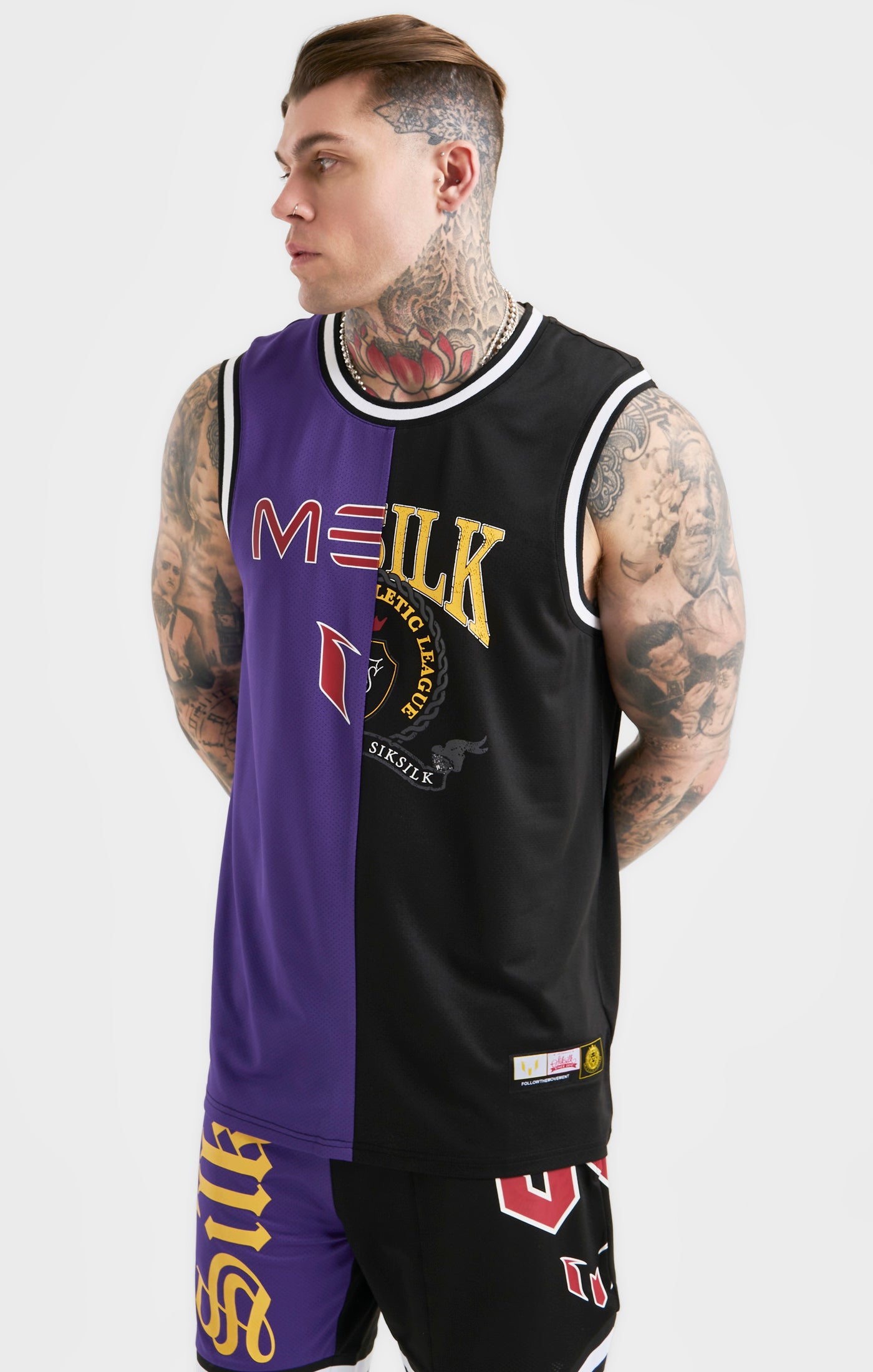 Cargar imagen en el visor de la galería, Messi x SikSilk Retro Varsity Vest - Black &amp; Purple