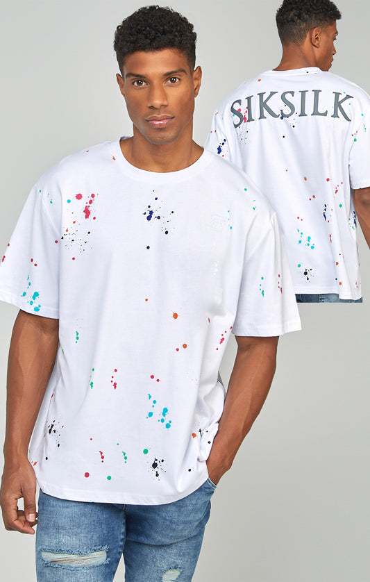 Camiseta Oversize con Pintura Salpicada Blanca