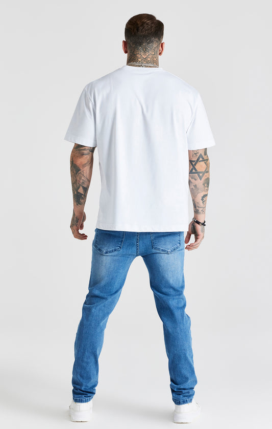 Jeans Slim Desgastados Con Patchwork Azul