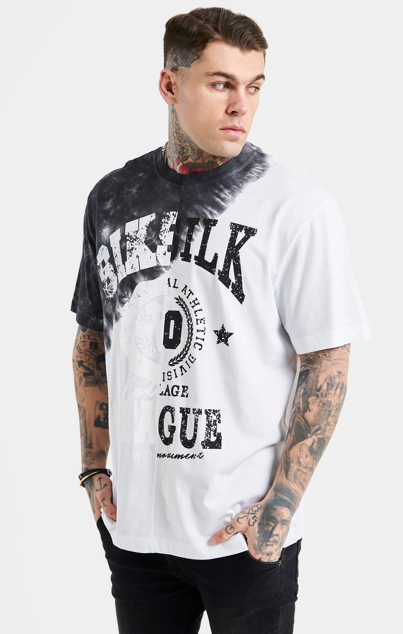 Cargar imagen en el visor de la galería, SikSilk Oversized Cut &amp; Sew Varsity T-Shirt - Ecru &amp; Black