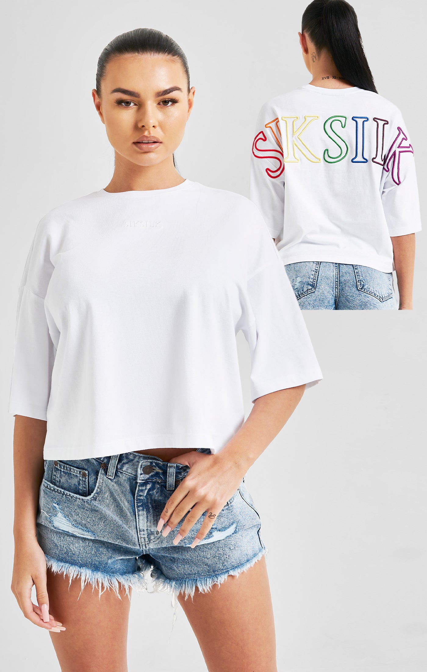 Cargar imagen en el visor de la galería, White Branded Crop T-Shirt Rainbow